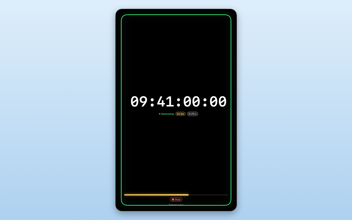 Holly Timecode display mode on a Mac: a full-screen 09:41:00:00 wall clock with a green status border.