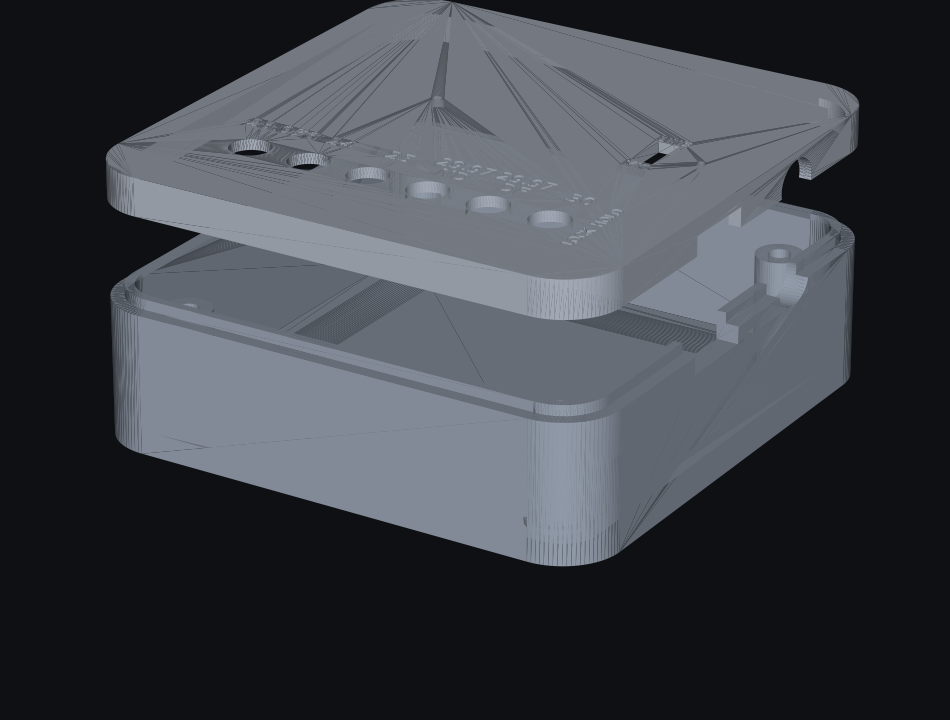 Rendering of the Holly LTC Core case: a translucent square tray and lid with six control-button openings.